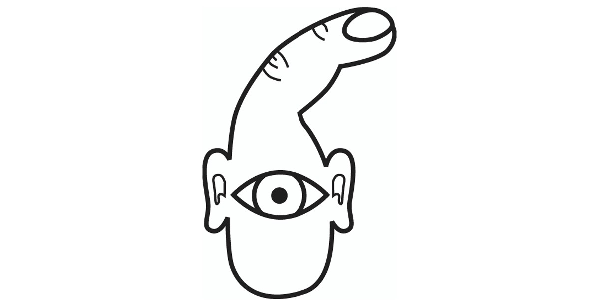 An illustration of a head with a single eye, two ears, and a single finger coming out of the top.