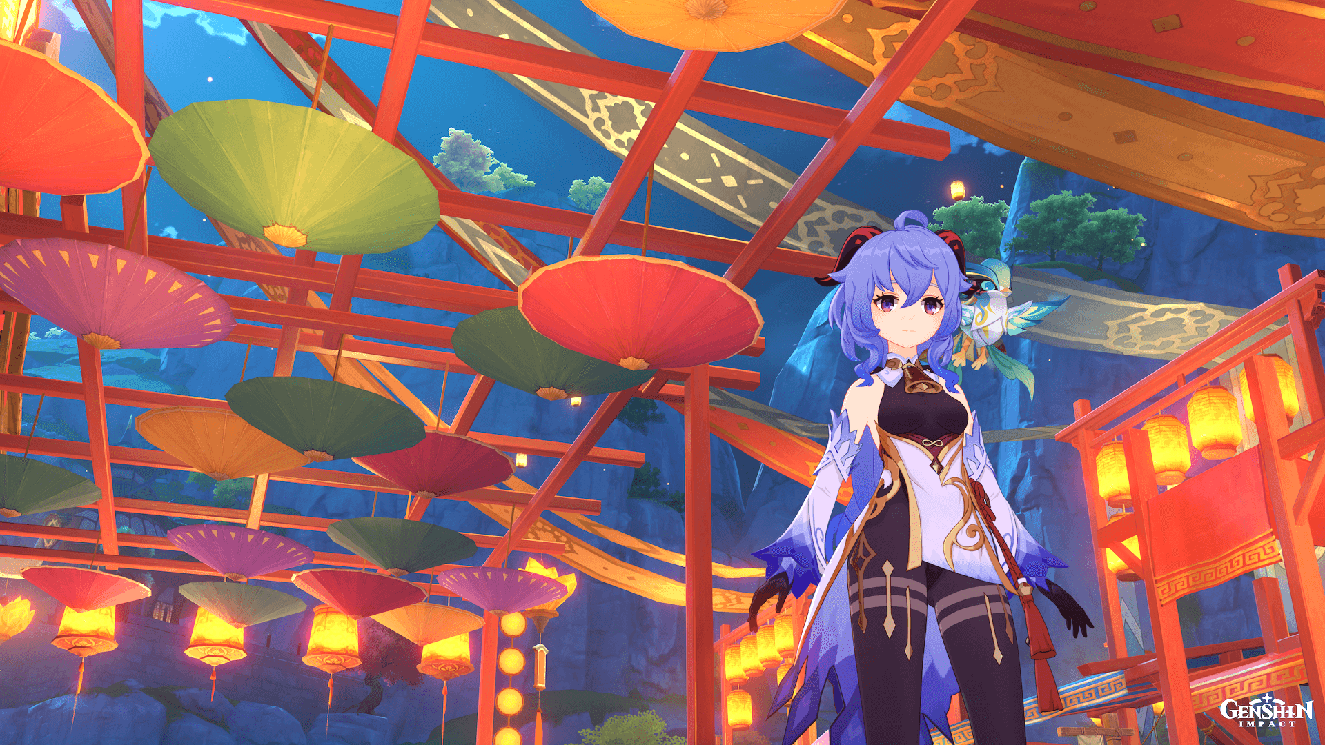 Screenshot of outdoor decorations in Genshin Impact with hanging lanterns, colorful umbrellas, and banners. My character Ganyu is posing for the photo.