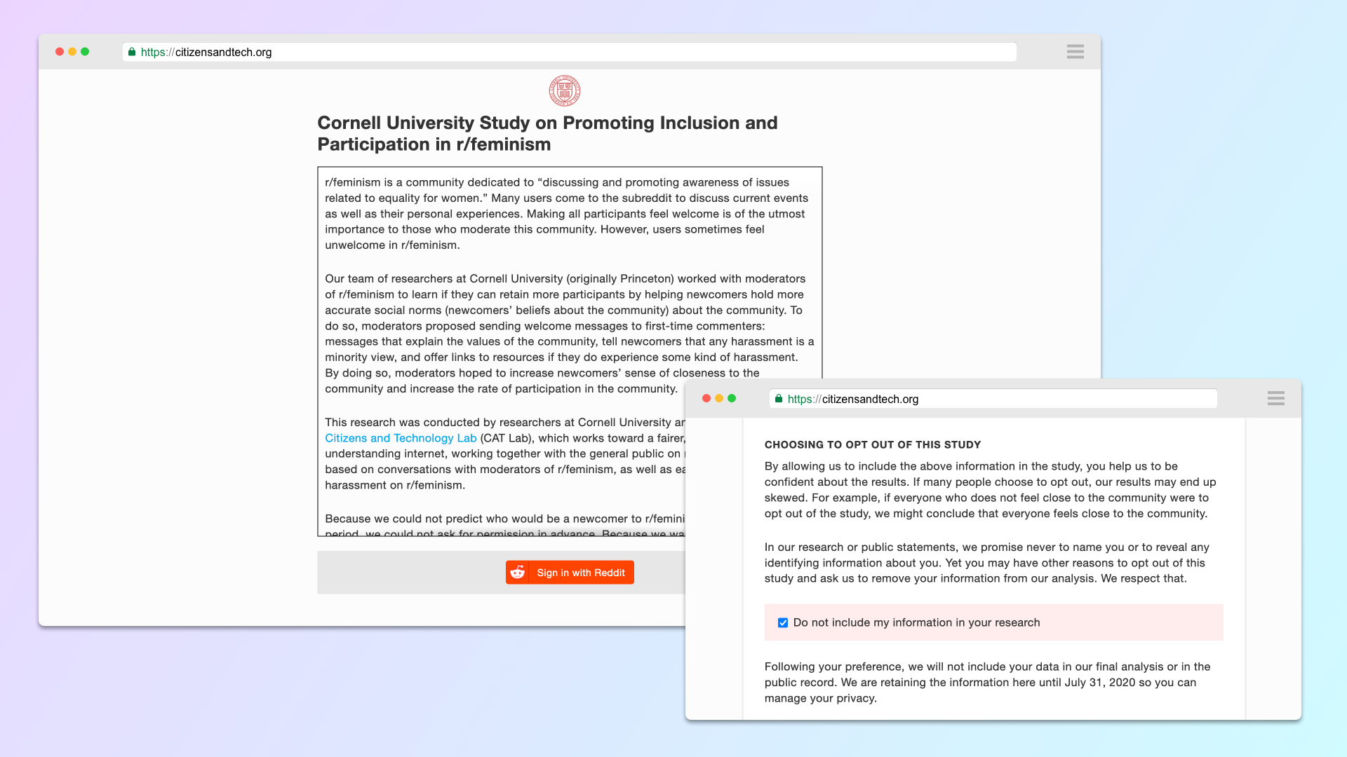 A screenshot of Bartleby's interface showing information about a Cornell study on Promoting Inclusion and Participation on r/feminism. There is a button to log in with reddit. A pop-out window shows a checkbox allowing users to opt out of data collection.